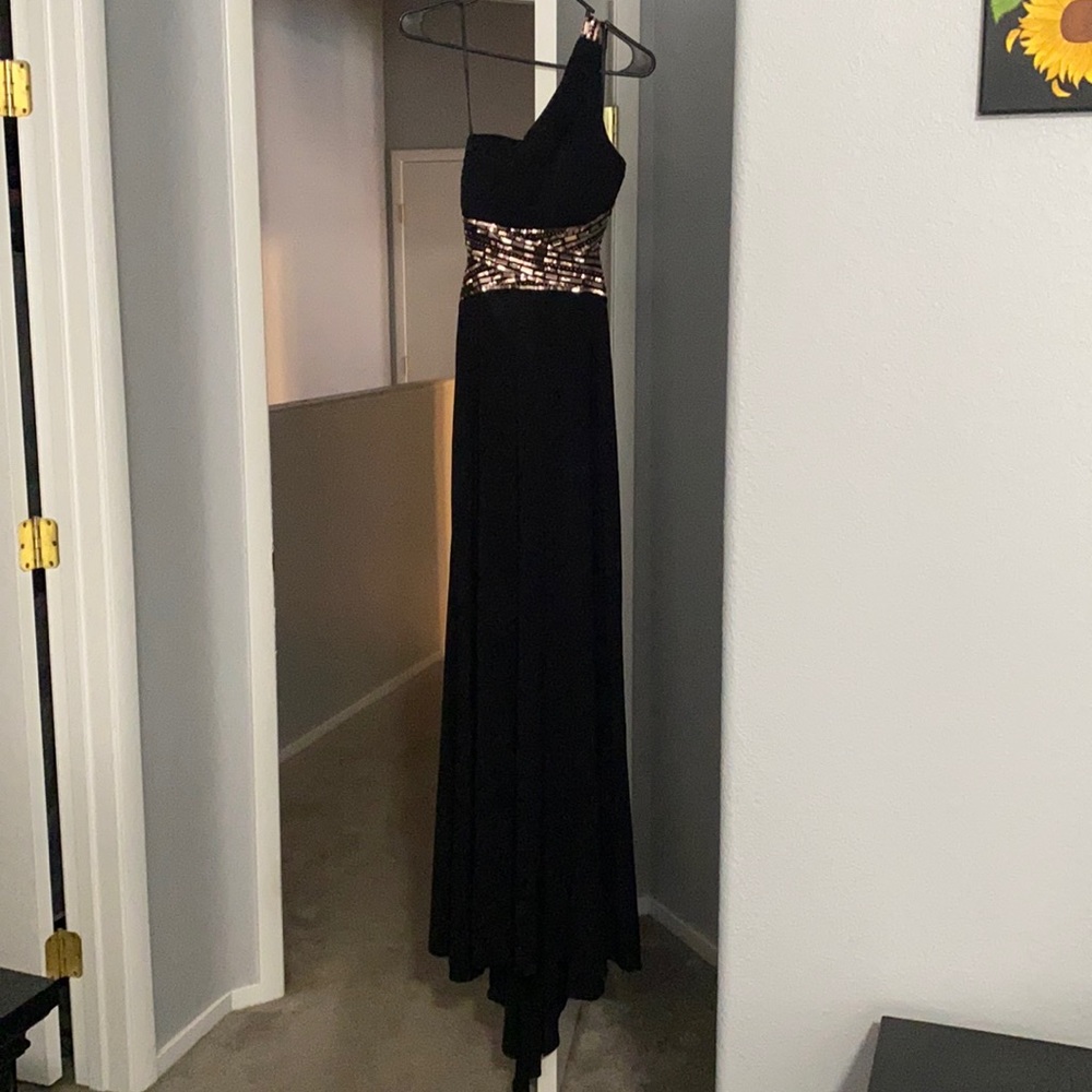 Black and rose gold one shoulder prom dress